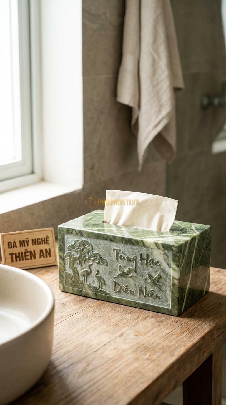 Hộp Giấy Đá Xanh Ấn Tùng Hạc Chạm Cảnh Tùng Hạc Diên Niên (Tỉa Nét Chìm) 24cm x 13cm x 11cm