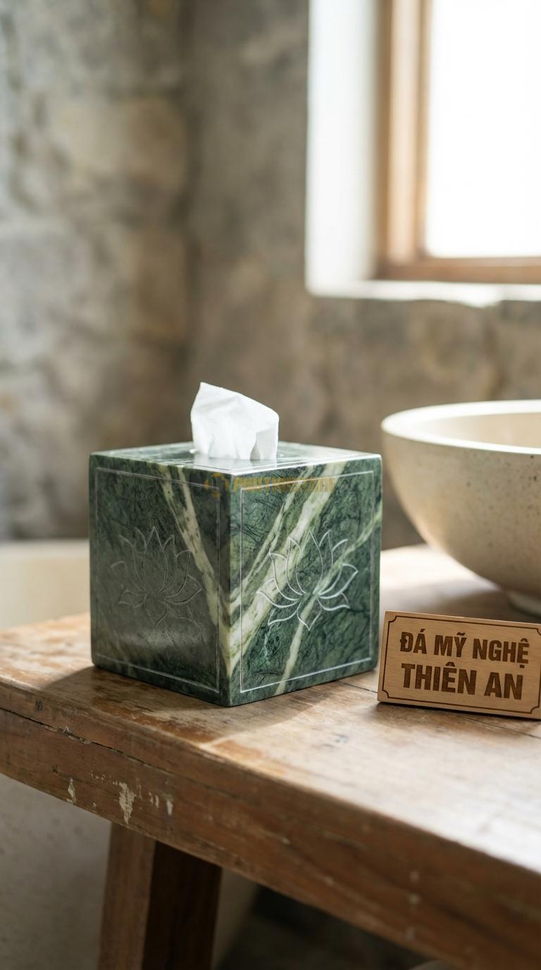 Hộp Giấy Đá Xanh Ấn Vuông (Giấy Rút) Mẫu Vuông Vắn, Chạm Hoa Sen 4 Mặt 14cm x 14cm x 14cm