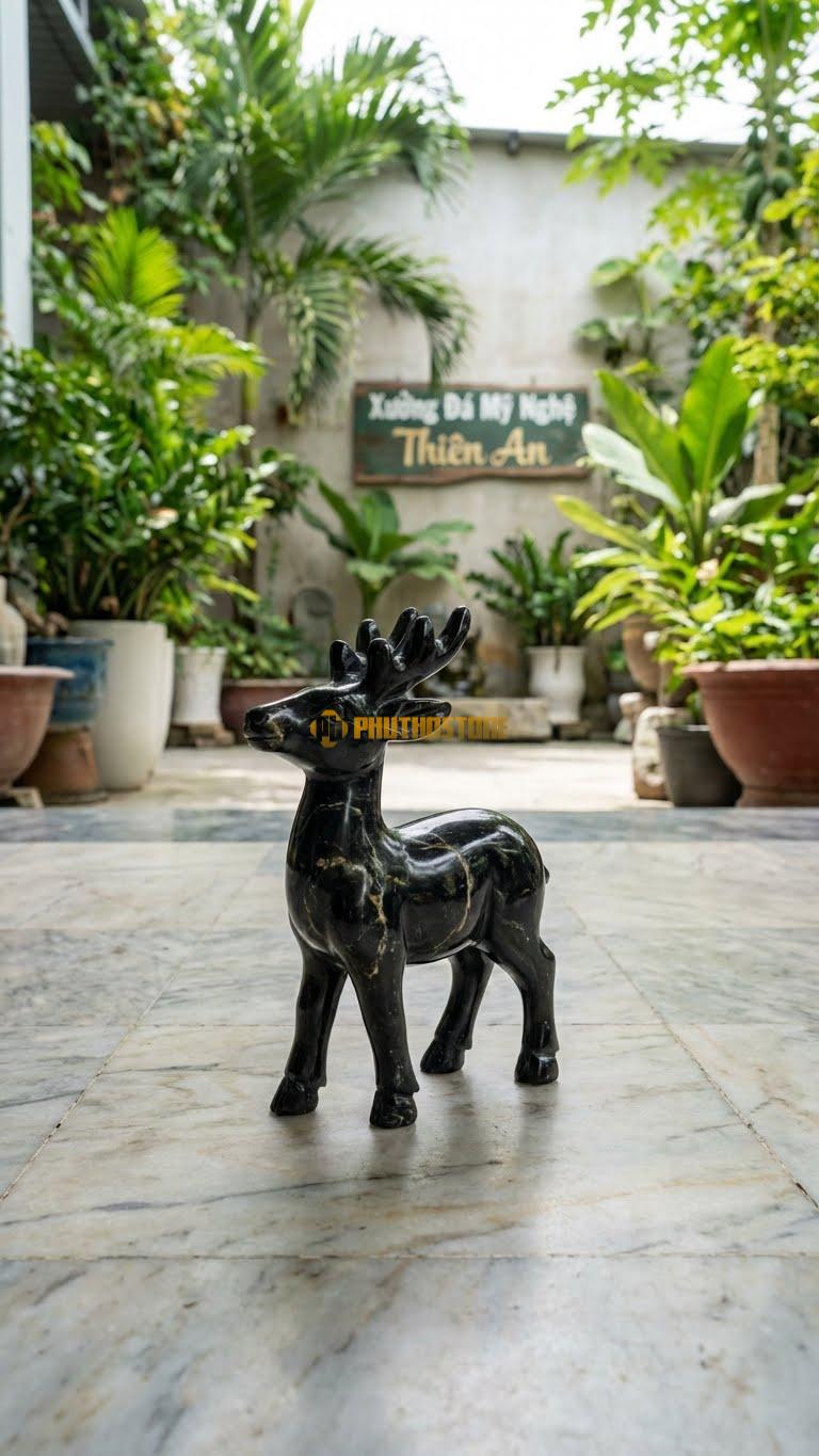 Hươu Mini Bằng Đá Đen Chỉ Nâu, Kiểu Dáng Trang Trí Kệ Sách. Kích Thước Cao 15cm.