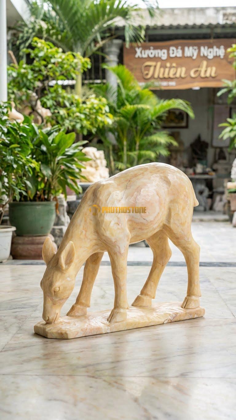 Hươu Sao Ăn Cỏ Bằng Đá Vàng Nghệ An, Kiểu Dáng Dáng Cúi Đầu Thư Thái. Kích Thước Dài 40cm.