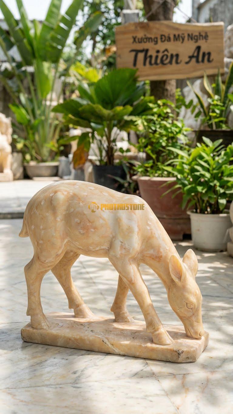 Hươu Sao Ăn Cỏ Bằng Đá Vàng Nghệ An, Kiểu Dáng Dáng Cúi Đầu Thư Thái. Kích Thước Dài 40cm.