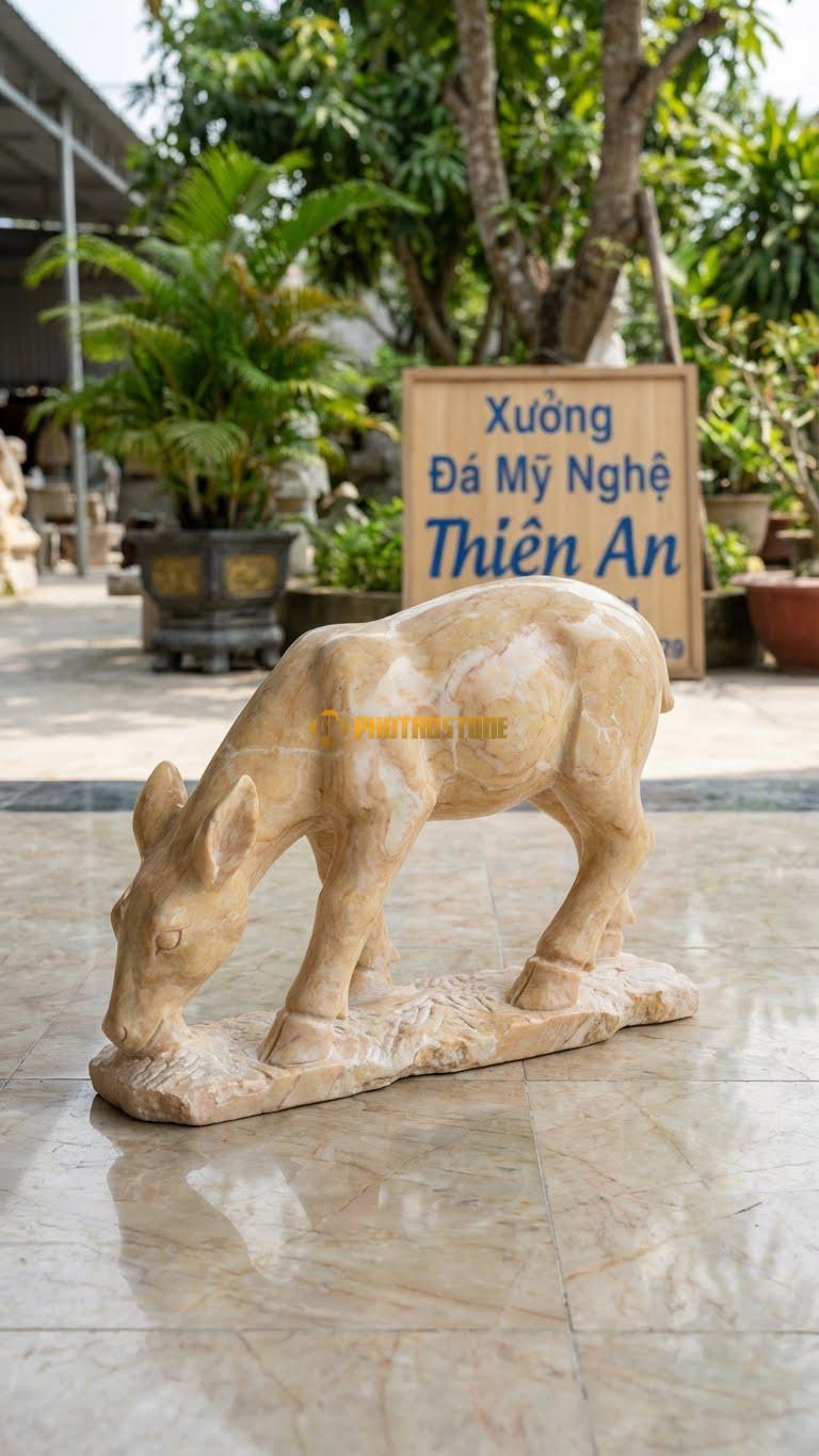 Hươu Sao Ăn Cỏ Bằng Đá Vàng Nghệ An, Kiểu Dáng Dáng Cúi Đầu Thư Thái. Kích Thước Dài 40cm.