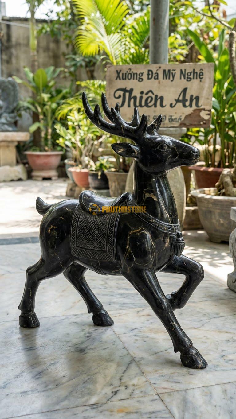 Hươu Thần (Tuần Lộc) Bằng Đá Đen Chỉ Nâu, Kiểu Dáng Dáng Chạy, Có Đai Yếm (Giáng Sinh). Kích Thước Cao 50cm.