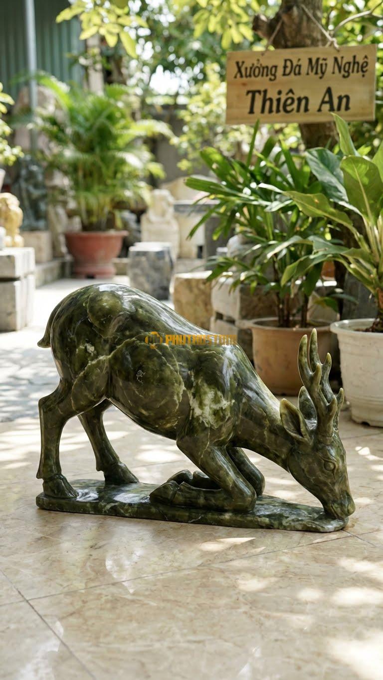 Hươu Uống Suối Bằng Đá Serpentine, Kiểu Dáng Chân Trước Khuỵu Xuống. Kích Thước Dài 45cm.