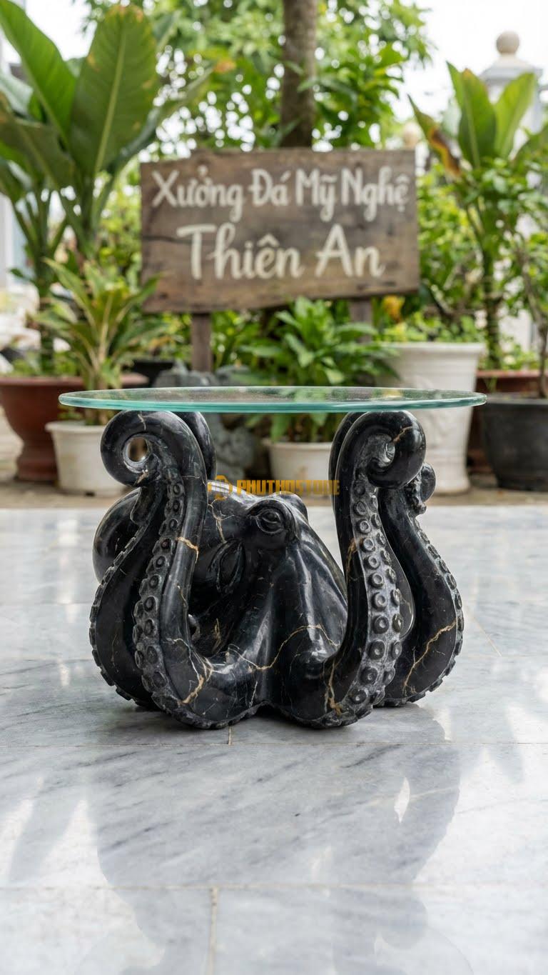 Khay Bạch Tuộc Bằng Đá Đen Chỉ Nâu, Kiểu Dáng Các Xúc Tu Ngửa Lên Đỡ Mặt Kính/Đĩa. Kích Thước Cao 20cm.