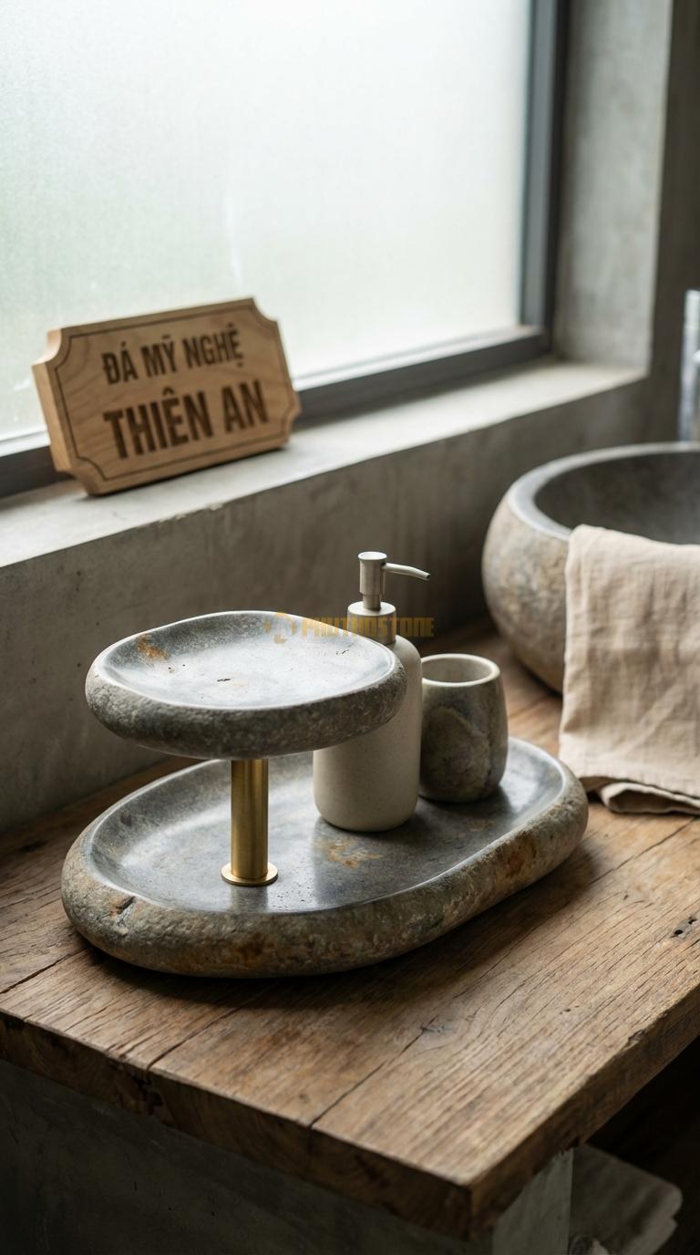 Khay Đá Cuội Hai Tầng Sang Trọng Trụ Nối Bằng Đồng, Khay Bằng Đá Khay Lớn 25cm, Khay