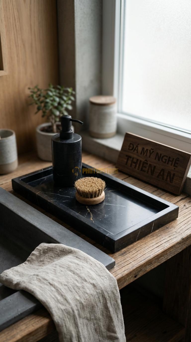 Khay Đá Đen Chỉ Nâu Chữ Nhật Tối Giản Cạnh Vuông Vức, Lòng Khay Phẳng Mịn 30cm x 15cm x 2cm