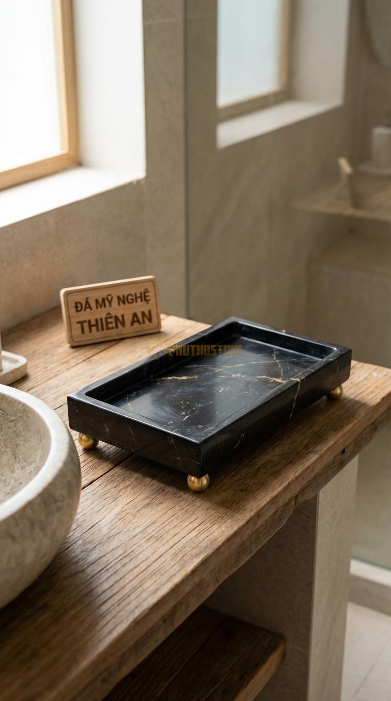 Khay Đá Đen Chỉ Nâu Có Chân Đế Đồng Khay Đá Đặt Trên 4 Chân Quả Cầu Đồng 26cm x 16cm x 5cm
