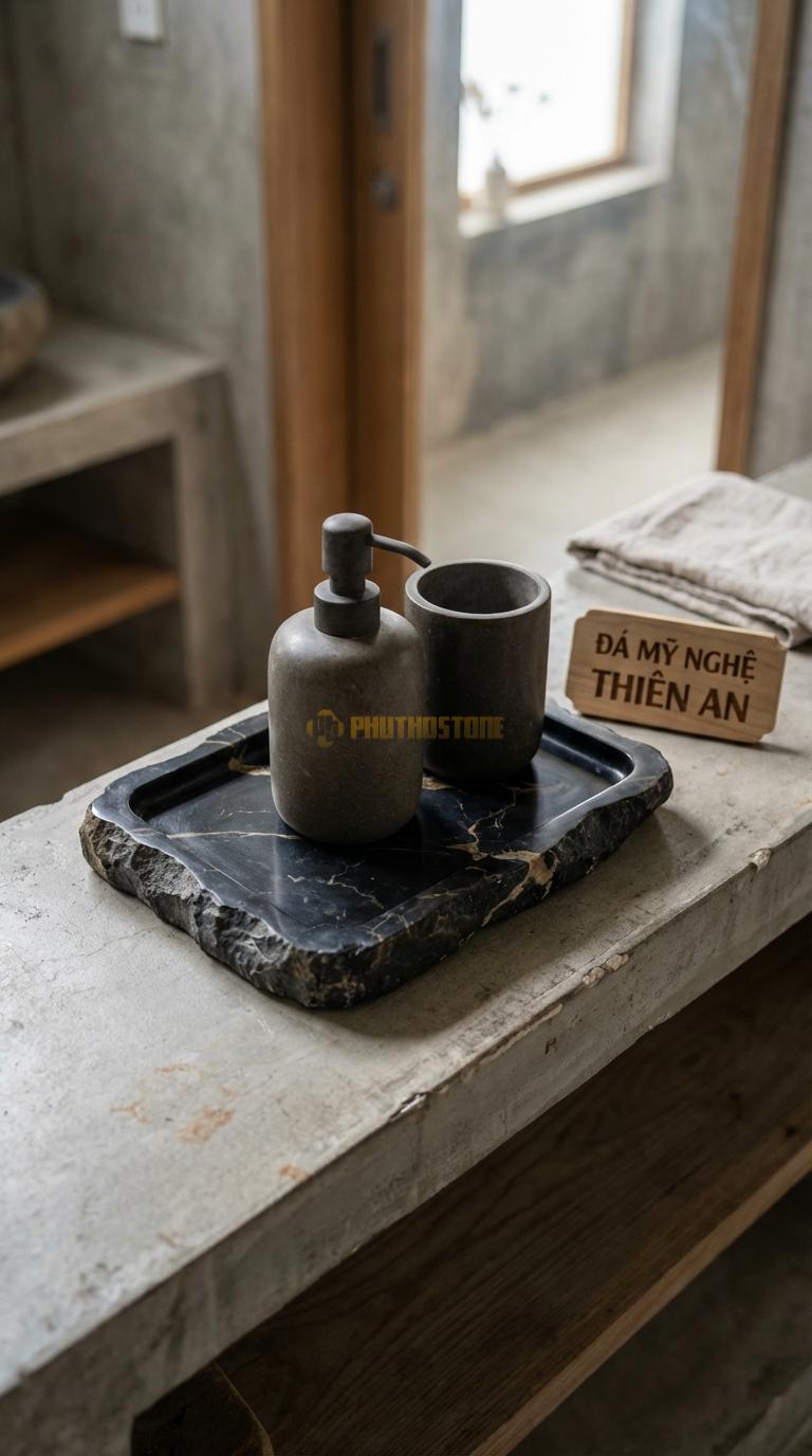 Khay Đá Đen Chỉ Nâu Đá Cuội Tự Nhiên Hình Dáng Ngẫu Nhiên, Giữ Nét Thô Mộc Khoảng 30cm x 20cm