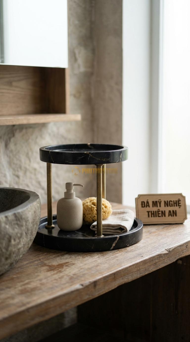 Khay Đá Đen Chỉ Nâu Hai Tầng Sang Trọng Trụ Nối Bằng Đồng, Khay Bằng Đá Khay Lớn 25cm, Khay
