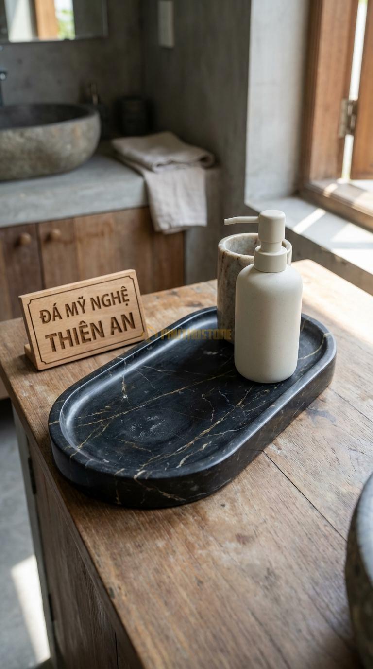 Khay Đá Đen Chỉ Nâu Oval Cách Điệu Đường Cong Mềm Mại, Bo Tròn Hoàn Hảo 25cm x 12cm x 2.5cm