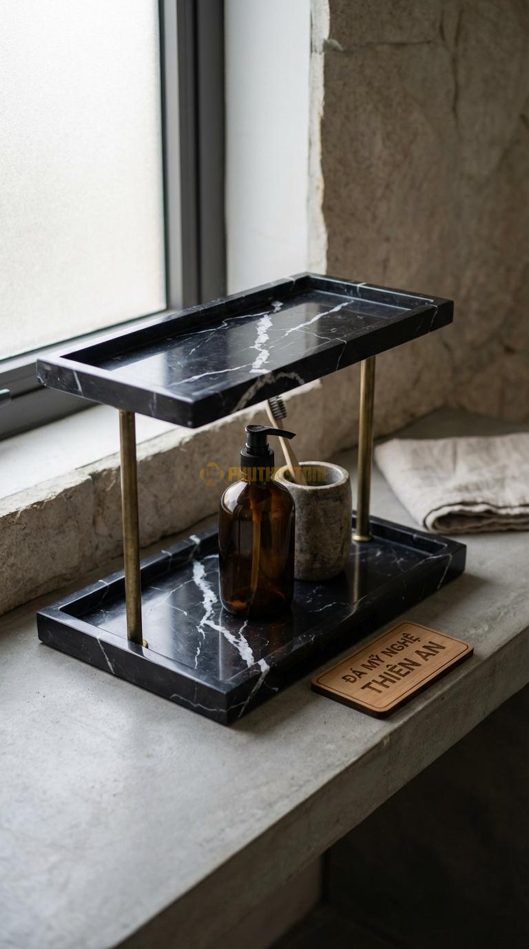 Khay Đá Đen Tia Chớp Hai Tầng Sang Trọng Trụ Nối Bằng Đồng, Khay Bằng Đá Khay Lớn 25cm, Khay