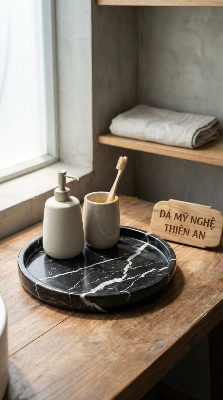 Khay Đá Đen Tia Chớp Tròn Decor Mặt Khay Mài Bóng, Viền Vát Cạnh Đường Kính 25cm x Dày 3cm