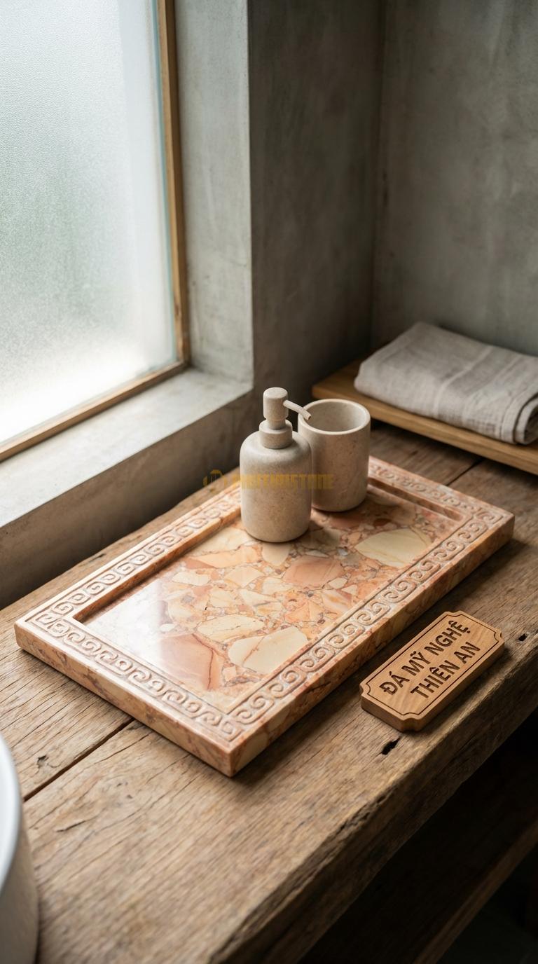 Khay Đá Hồng Chạm Viền Triện Đường Diềm Hoa Văn Triện Tàu Cổ Điển 35cm x 20cm x 3cm