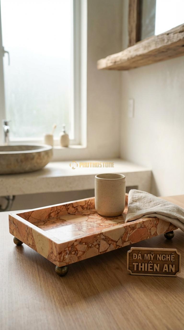 Khay Đá Hồng Có Chân Đế Đồng Khay Đá Đặt Trên 4 Chân Quả Cầu Đồng 26cm x 16cm x 5cm
