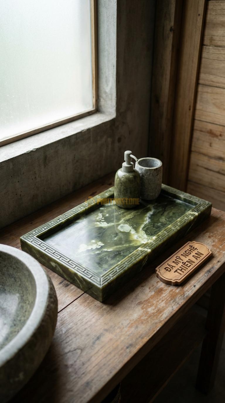 Khay Đá Serpentine Chạm Viền Triện Đường Diềm Hoa Văn Triện Tàu Cổ Điển 35cm x 20cm x 3cm