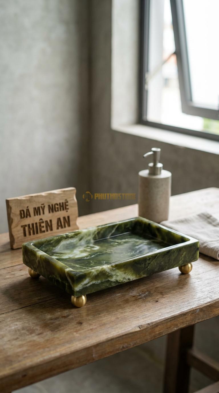 Khay Đá Serpentine Có Chân Đế Đồng Khay Đá Đặt Trên 4 Chân Quả Cầu Đồng 26cm x 16cm x 5cm