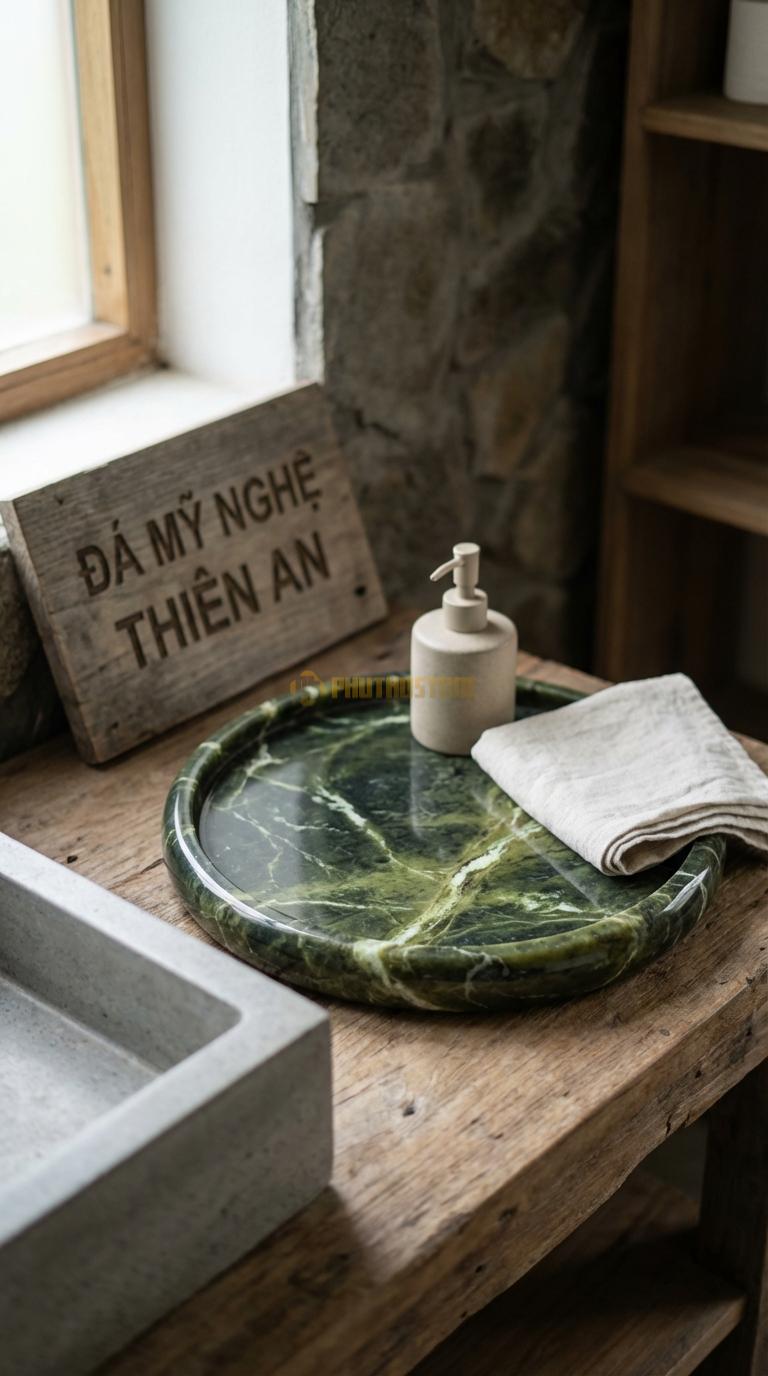 Khay Đá Serpentine Tròn Decor Mặt Khay Mài Bóng, Viền Vát Cạnh Đường Kính 25cm x Dày 3cm