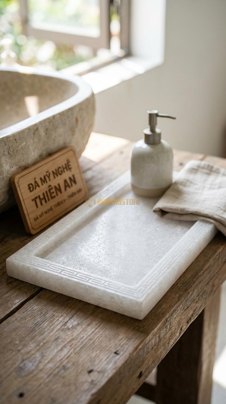Khay Đá Trắng Muối Chạm Viền Triện Đường Diềm Hoa Văn Triện Tàu Cổ Điển 35cm x 20cm x 3cm