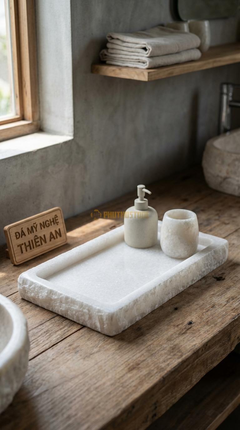 Khay Đá Trắng Muối Chữ Nhật Tối Giản Cạnh Vuông Vức, Lòng Khay Phẳng Mịn 30cm x 15cm x 2cm