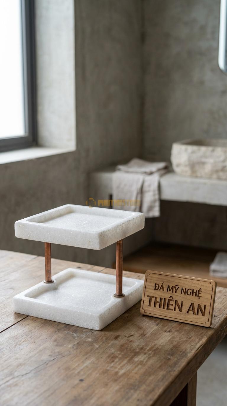 Khay Đá Trắng Muối Hai Tầng Sang Trọng Trụ Nối Bằng Đồng, Khay Bằng Đá Khay Lớn 25cm, Khay Lớn 25cm, Khay Nhỏ 15cm