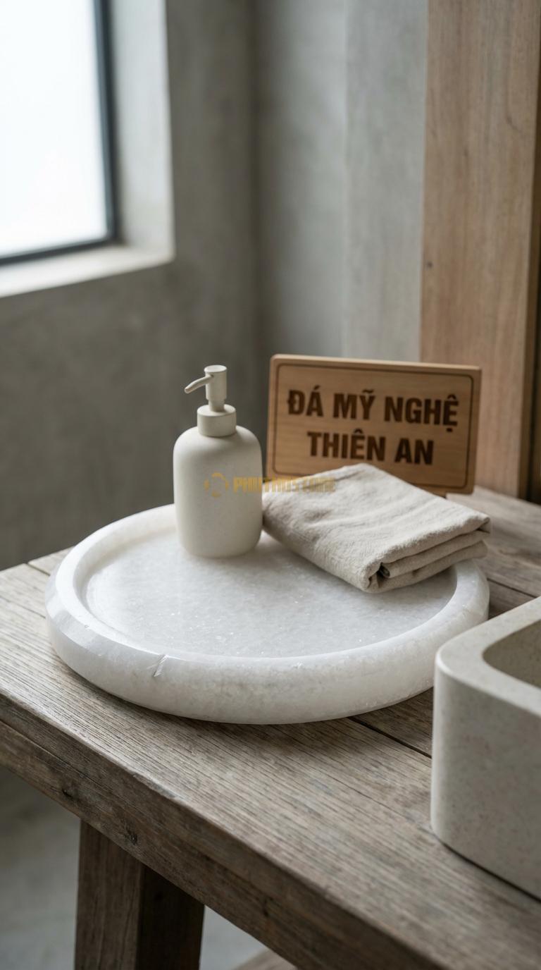 Khay Đá Trắng Muối Tròn Decor Mặt Khay Mài Bóng, Viền Vát Cạnh Đường Kính 25cm x Dày 3cm