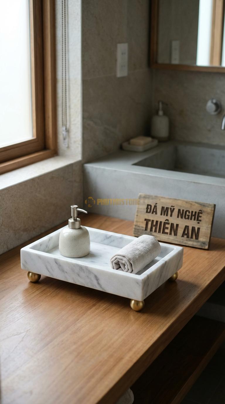 Khay Đá Trắng Xanh Có Chân Đế Đồng Khay Đá Đặt Trên 4 Chân Quả Cầu Đồng 26cm x 16cm x 5cm