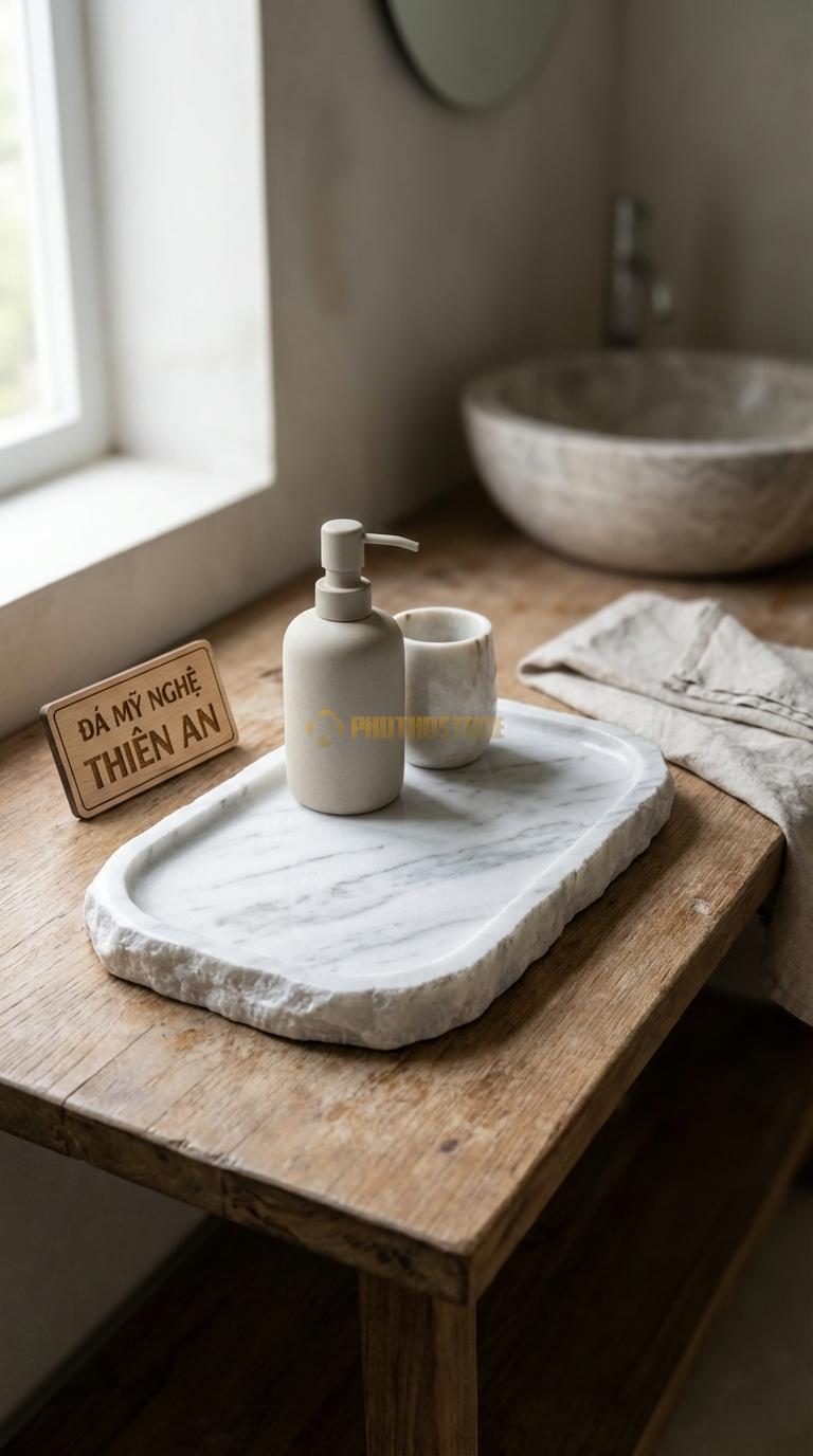 Khay Đá Trắng Xanh Đá Cuội Tự Nhiên Hình Dáng Ngẫu Nhiên, Giữ Nét Thô Mộc Khoảng 30cm x 20cm
