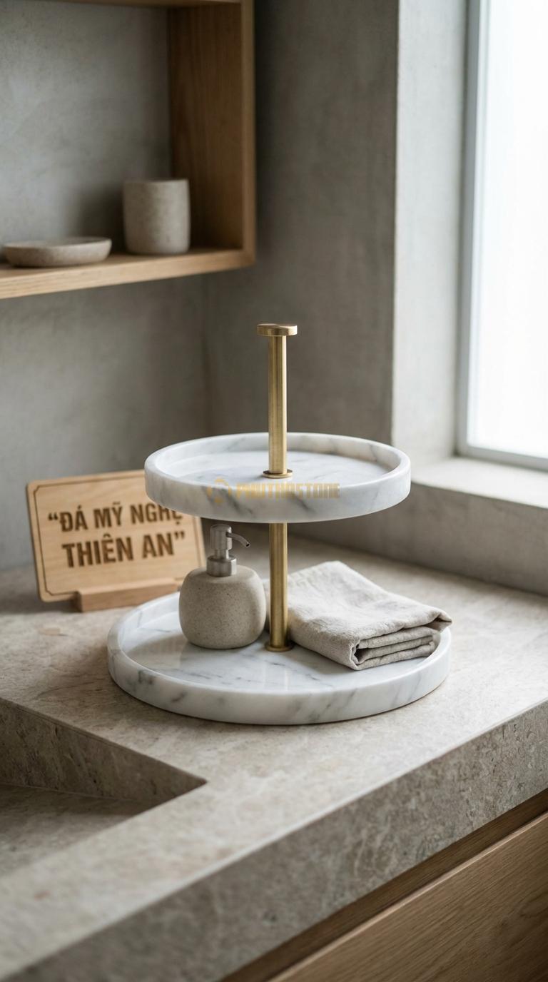 Khay Đá Trắng Xanh Hai Tầng Sang Trọng Trụ Nối Bằng Đồng, Khay Bằng Đá Khay Lớn 25cm, Khay