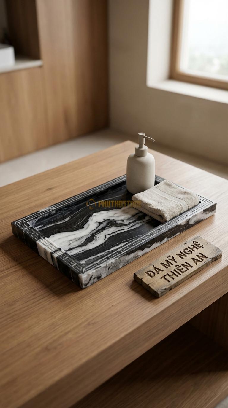 Khay Đá Tuyết Sơn Chạm Viền Triện Đường Diềm Hoa Văn Triện Tàu Cổ Điển 35cm x 20cm x 3cm