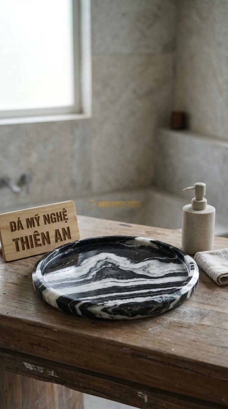 Khay Đá Tuyết Sơn Tròn Decor Mặt Khay Mài Bóng, Viền Vát Cạnh Đường Kính 25cm x Dày 3cm