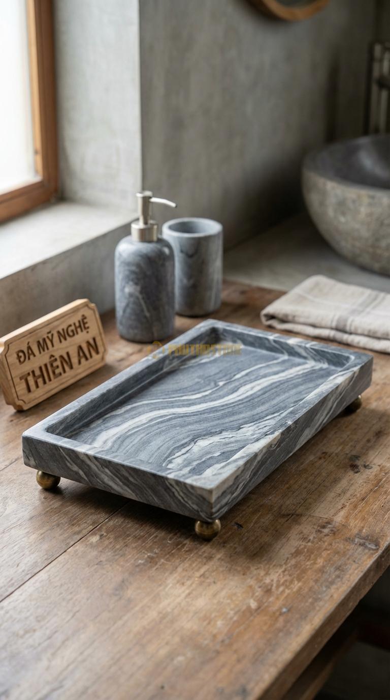 Khay Đá Vân Mây Có Chân Đế Đồng Khay Đá Đặt Trên 4 Chân Quả Cầu Đồng 26cm x 16cm x 5cm