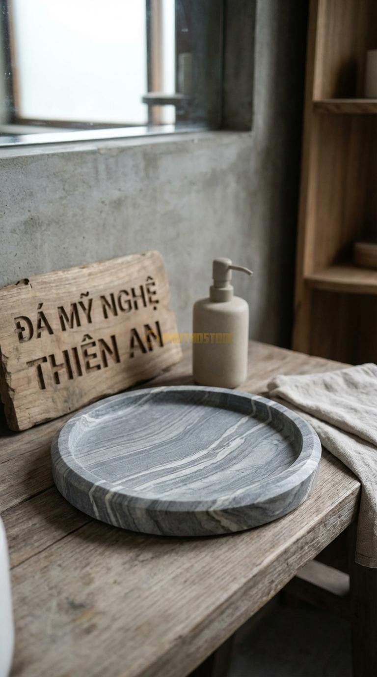 Khay Đá Vân Mây Tròn Decor Mặt Khay Mài Bóng, Viền Vát Cạnh Đường Kính 25cm x Dày 3cm