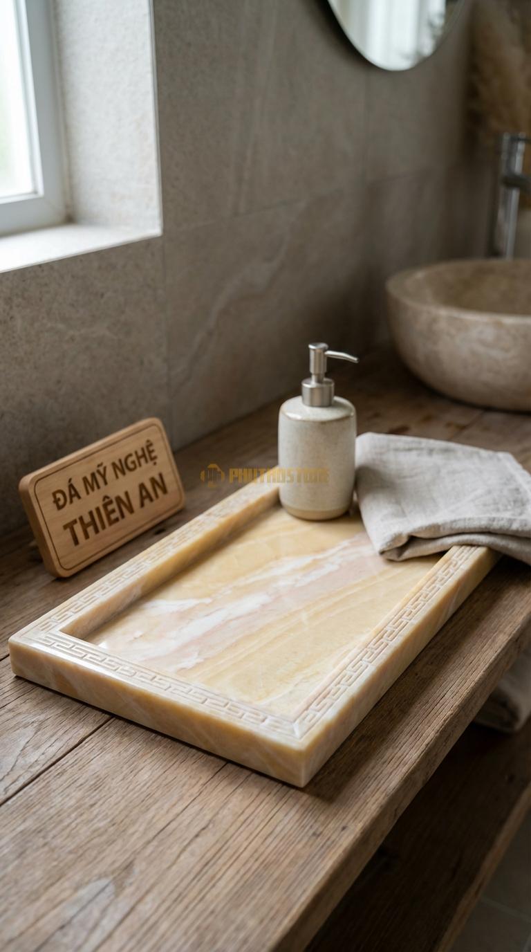 Khay Đá Vàng Nghệ An Chạm Viền Triện Đường Diềm Hoa Văn Triện Tàu Cổ Điển 35cm x 20cm x 3cm