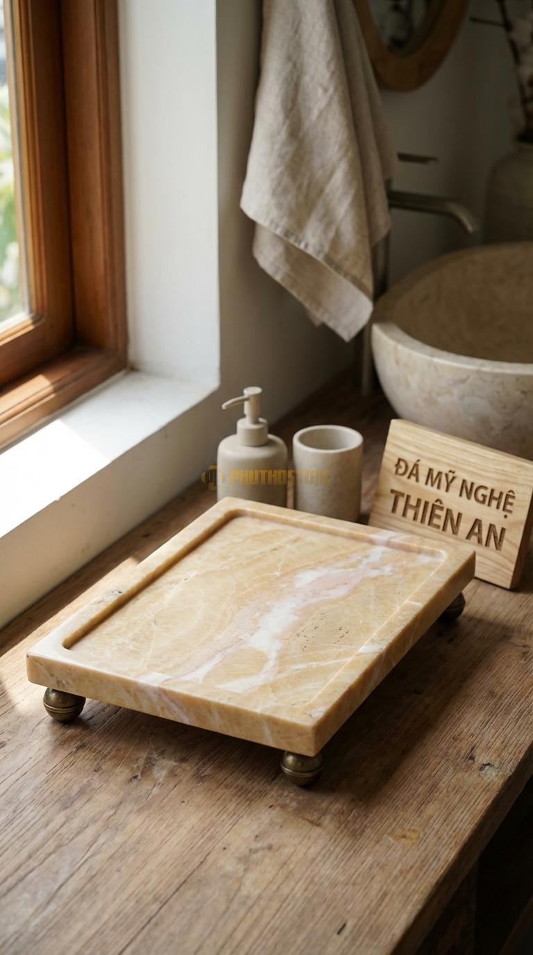 Khay Đá Vàng Nghệ An Có Chân Đế Đồng Khay Đá Đặt Trên 4 Chân Quả Cầu Đồng 26cm x 16cm x 5cm