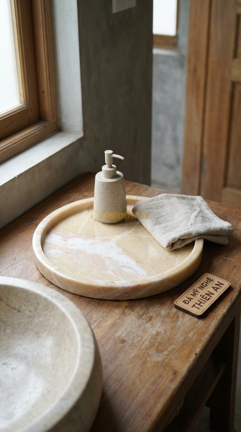 Khay Đá Vàng Nghệ An Tròn Decor Mặt Khay Mài Bóng, Viền Vát Cạnh Đường Kính 25cm x Dày 3cm