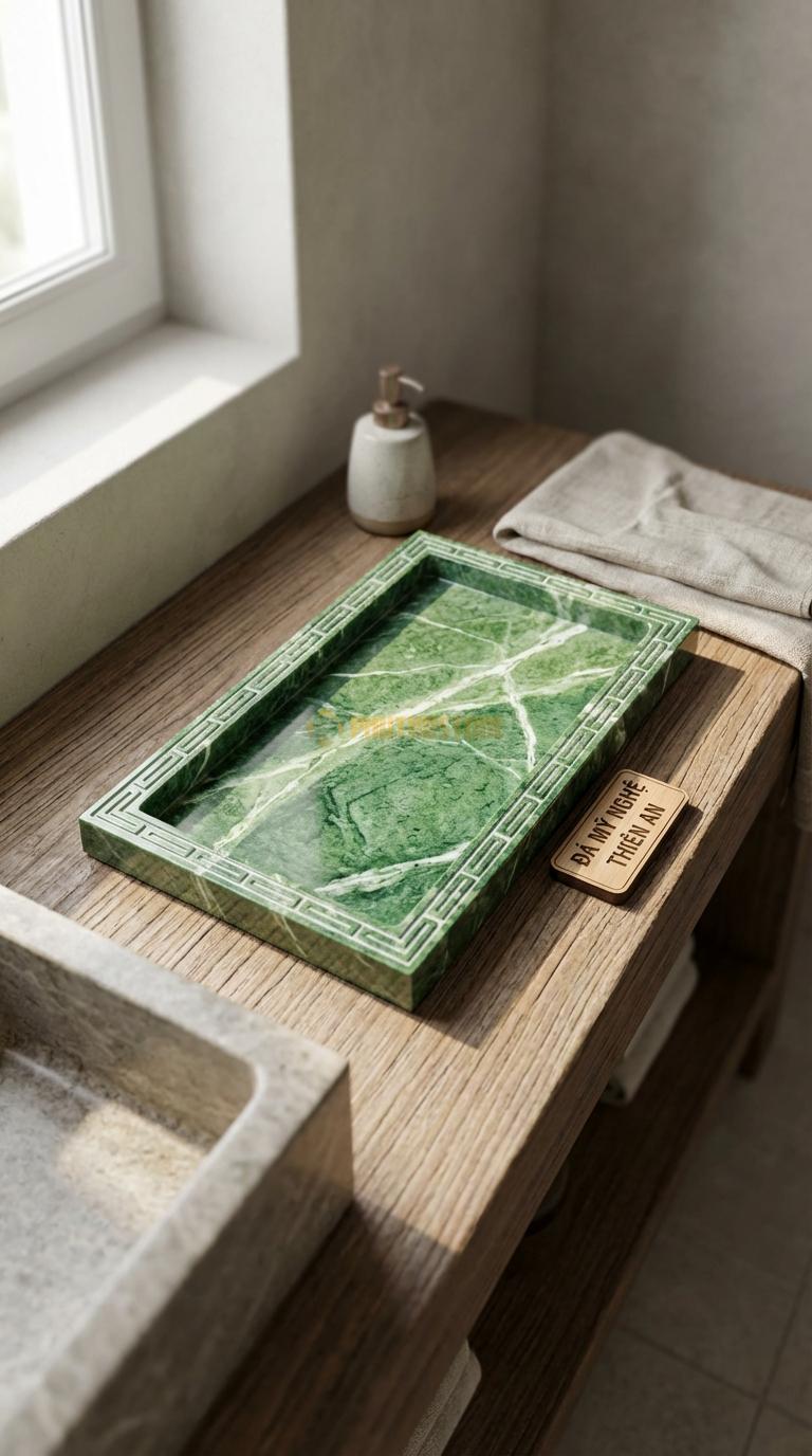 Khay Đá Xanh Ấn Chạm Viền Triện Đường Diềm Hoa Văn Triện Tàu Cổ Điển 35cm x 20cm x 3cm