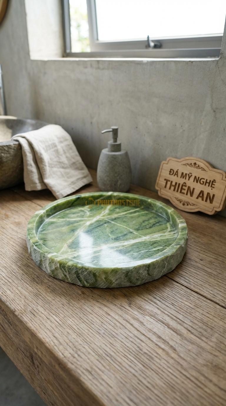 Khay Đá Xanh Ấn Tròn Decor Mặt Khay Mài Bóng, Viền Vát Cạnh Đường Kính 25cm x Dày 3cm