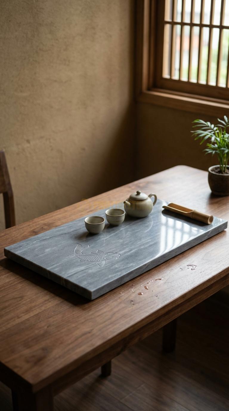 Khay Trà Đá Cẩm Thạch Xám Họa Tiết “Cá Chép Hóa Rồng” (Cá Chép Vượt Vũ Môn). Kích Thước 72 x 38 x 5 Cm.
