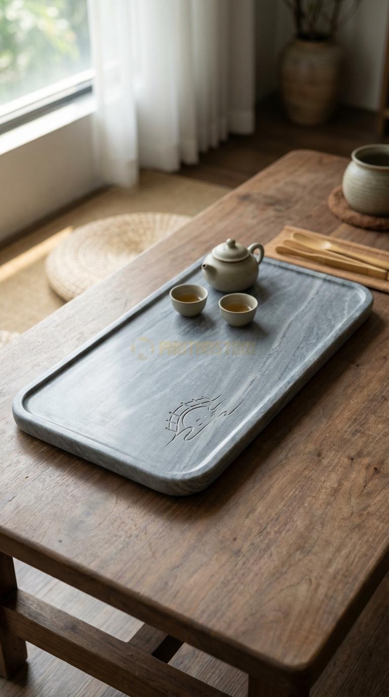 Khay Trà Đá Cẩm Thạch Xám Họa Tiết “Cầu Kiều” (Cây Cầu Nhỏ Bắc Qua Suối). Kích Thước 55 x 30 x 4 Cm.