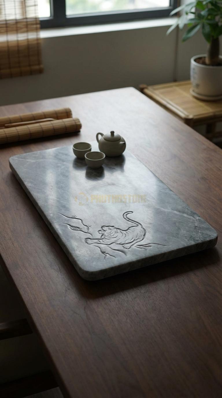 Khay Trà Đá Cẩm Thạch Xám Họa Tiết “Hổ Xuống Núi” (Mãnh Hổ Uy Nghi Bên Sườn Núi). Kích Thước 85 x 50 x 6 Cm.