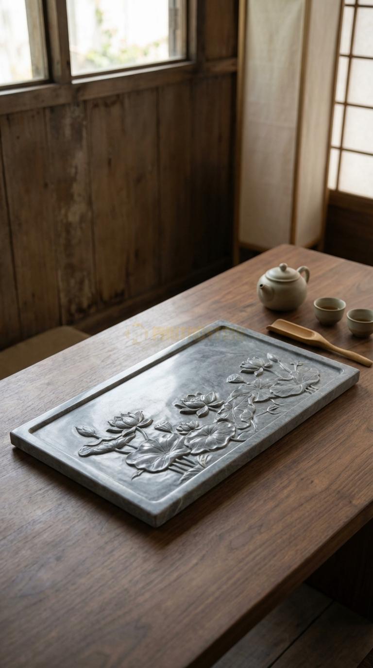 Khay Trà Đá Cẩm Thạch Xám Họa Tiết “Hoa Sen Nở” (Hồ Sen Với Lá Và Hoa Chạm Nổi 3D). Kích Thước 65 x 38 x 4.5 Cm.