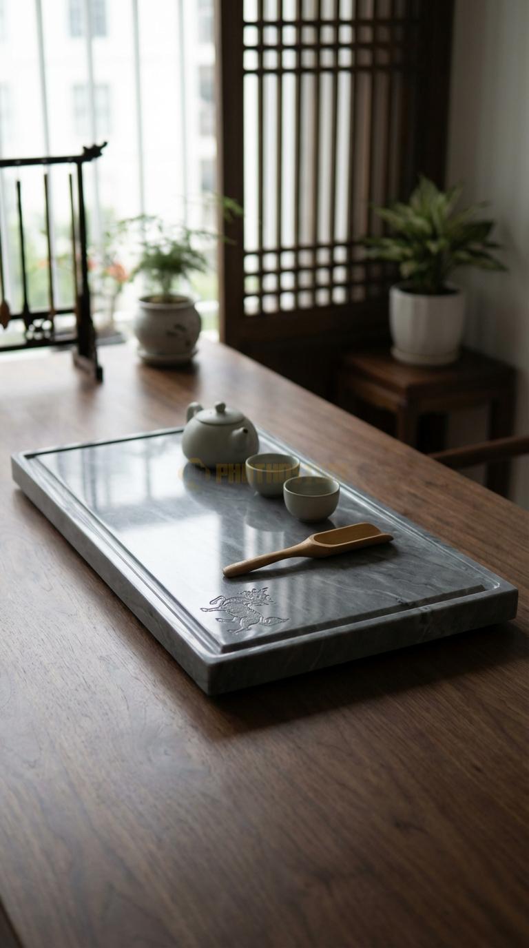 Khay Trà Đá Cẩm Thạch Xám Họa Tiết “Kỳ Lân Tống Tử” (Kỳ Lân Mang Điềm Lành). Kích Thước 65 x 40 x 4.5 Cm.