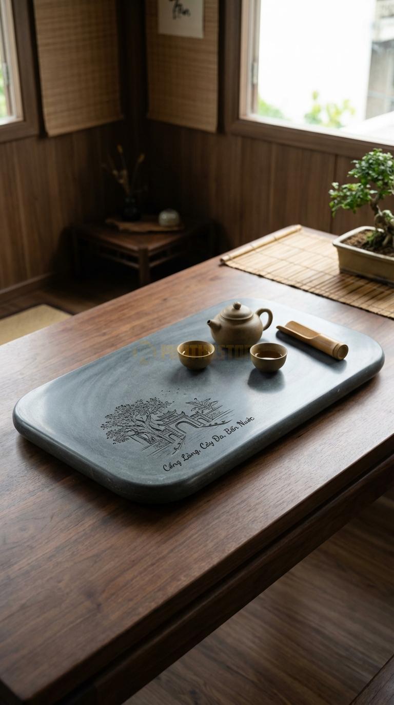 Khay Trà Đá Cẩm Thạch Xám Họa Tiết “Làng Quê Việt Nam” (Cổng Làng, Cây Đa, Bến Nước). Kích Thước 90 x 50 x 5 Cm.