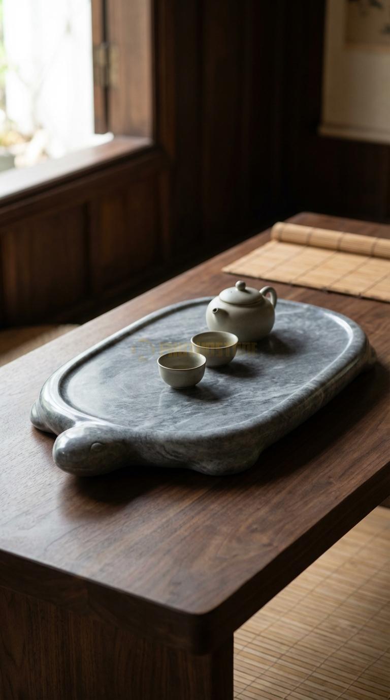 Khay Trà Đá Cẩm Thạch Xám Họa Tiết “Quy Bôi” (Hình Dáng Rùa Thần Cõng Bia Đá). Kích Thước 55 x 35 x 6 Cm.