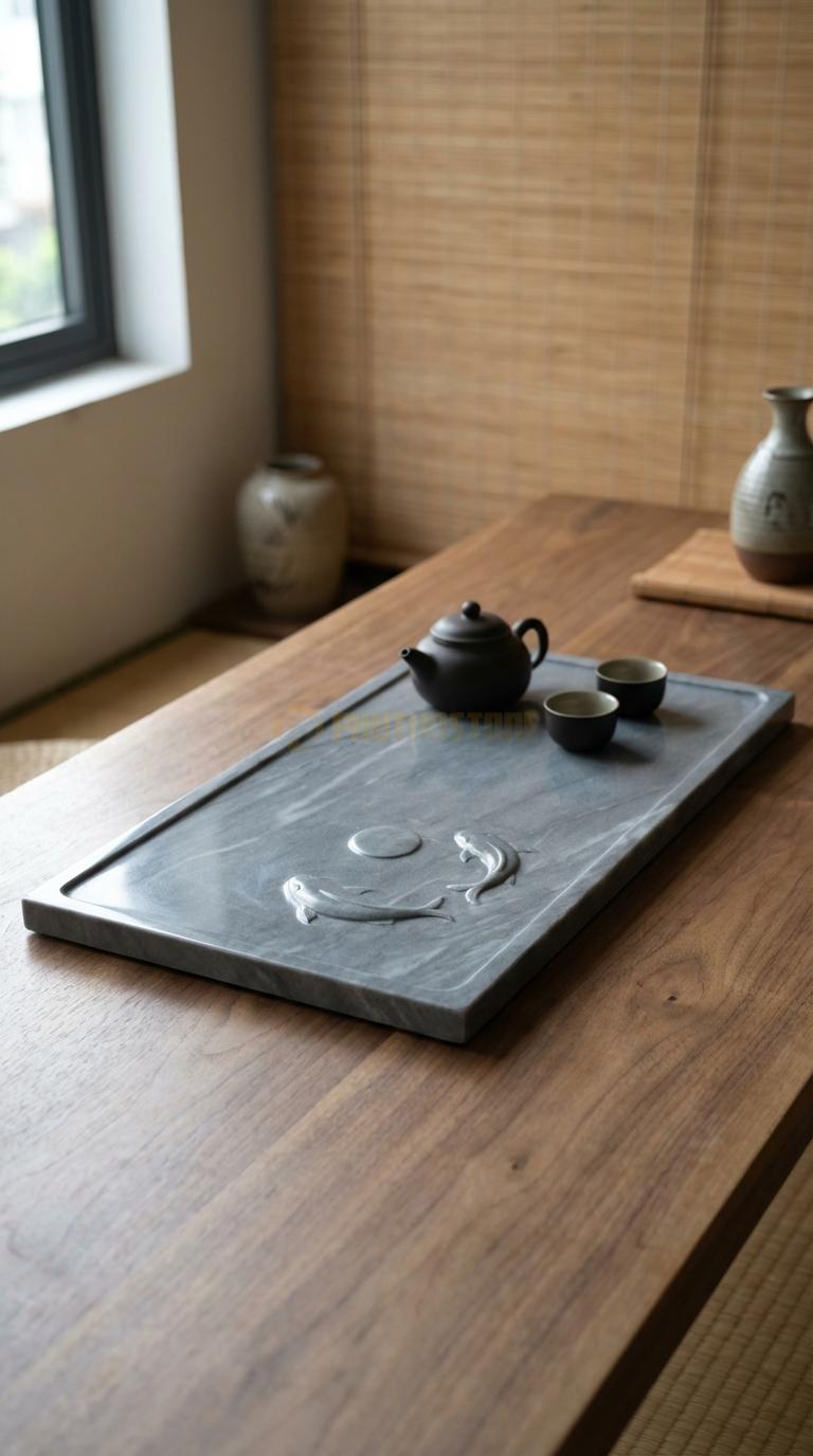 Khay Trà Đá Cẩm Thạch Xám Họa Tiết “Song Ngư Vờn Trăng” (Đôi Cá Chép Dưới Ánh Trăng). Kích Thước 50 x 35 x 3 Cm.