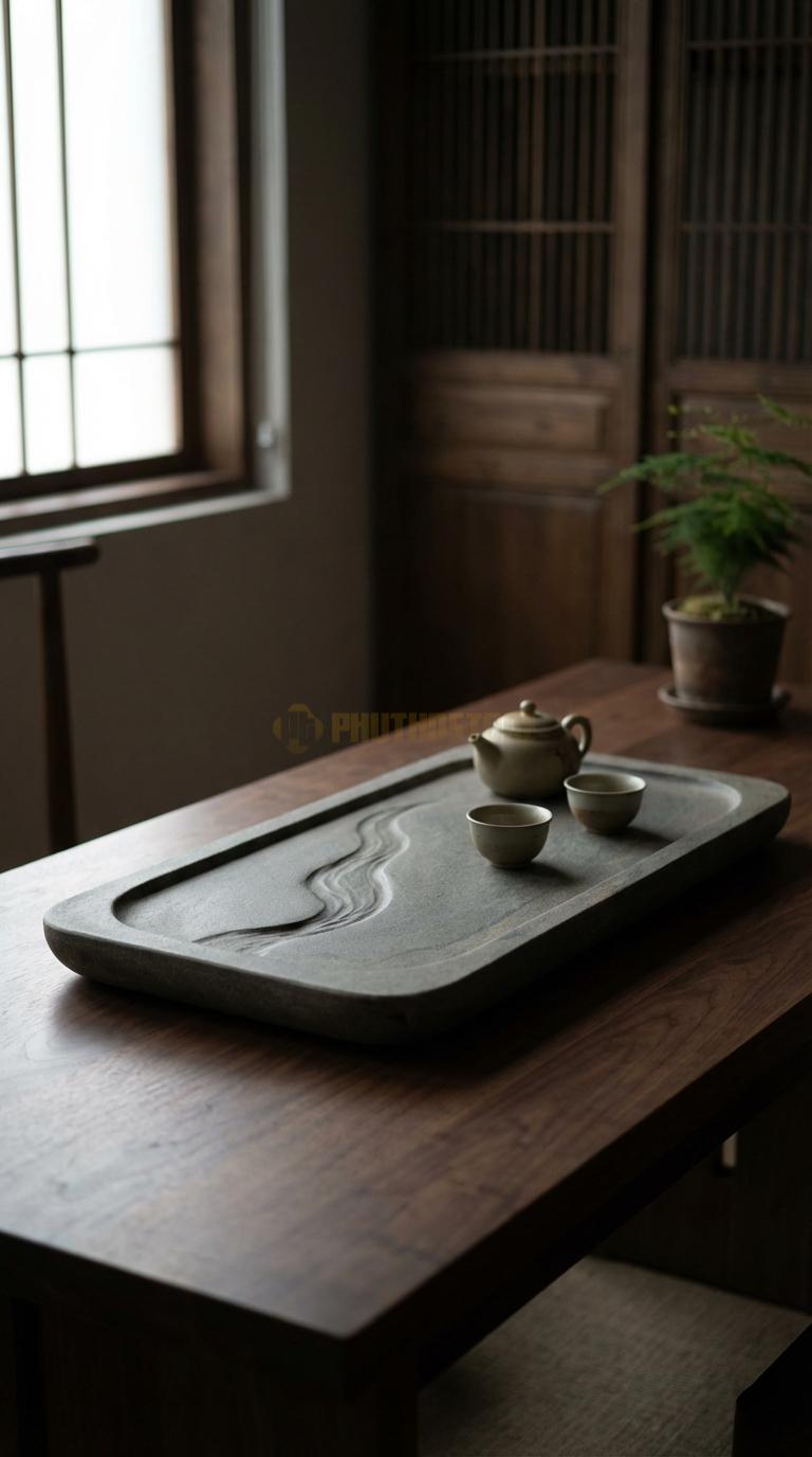 Khay Trà Đá Cẩm Thạch Xám Họa Tiết “Thác Nước Chảy” (Tạo Hình Dòng Thác Đổ Xuống Hồ Trà). Kích Thước 75 x 42 x 7 Cm.