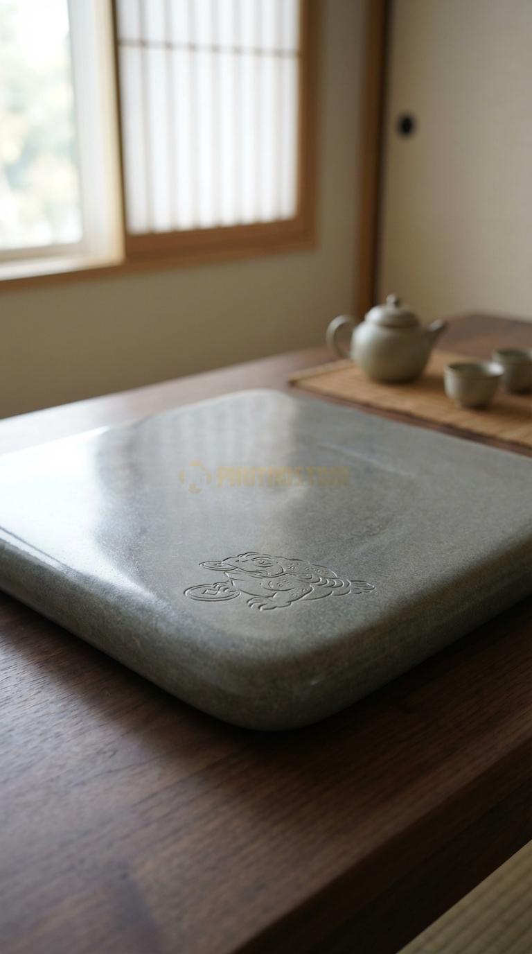 Khay Trà Đá Cẩm Thạch Xám Họa Tiết “Thiềm Thừ Ngậm Tiền” (Cóc 3 Chân Phong Thủy). Kích Thước 45 x 45 x 5 Cm.