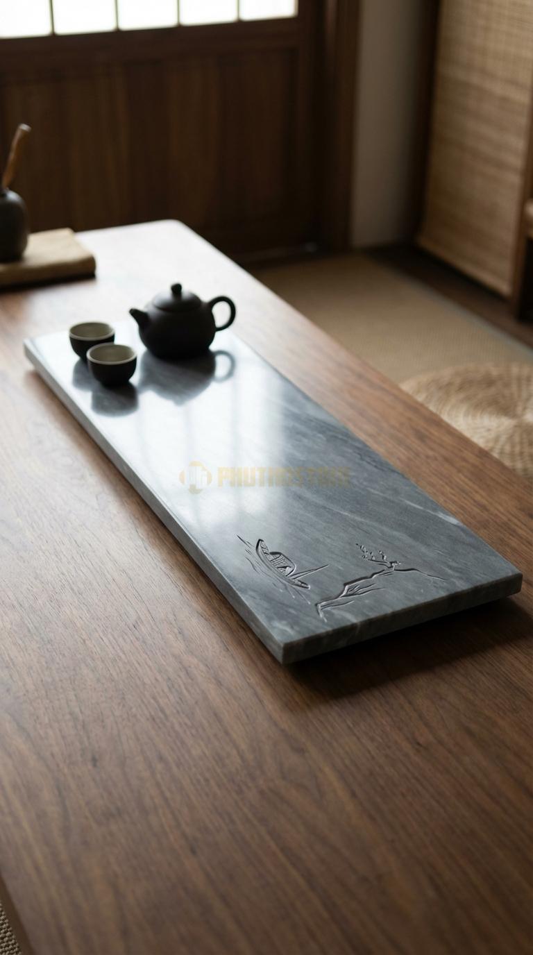 Khay Trà Đá Cẩm Thạch Xám Họa Tiết “Thuyền Nan Bến Đỗ” (Con Thuyền Nhỏ Neo Đậu Cạnh Vách Núi). Kích Thước 82 x 44 x 6 Cm.