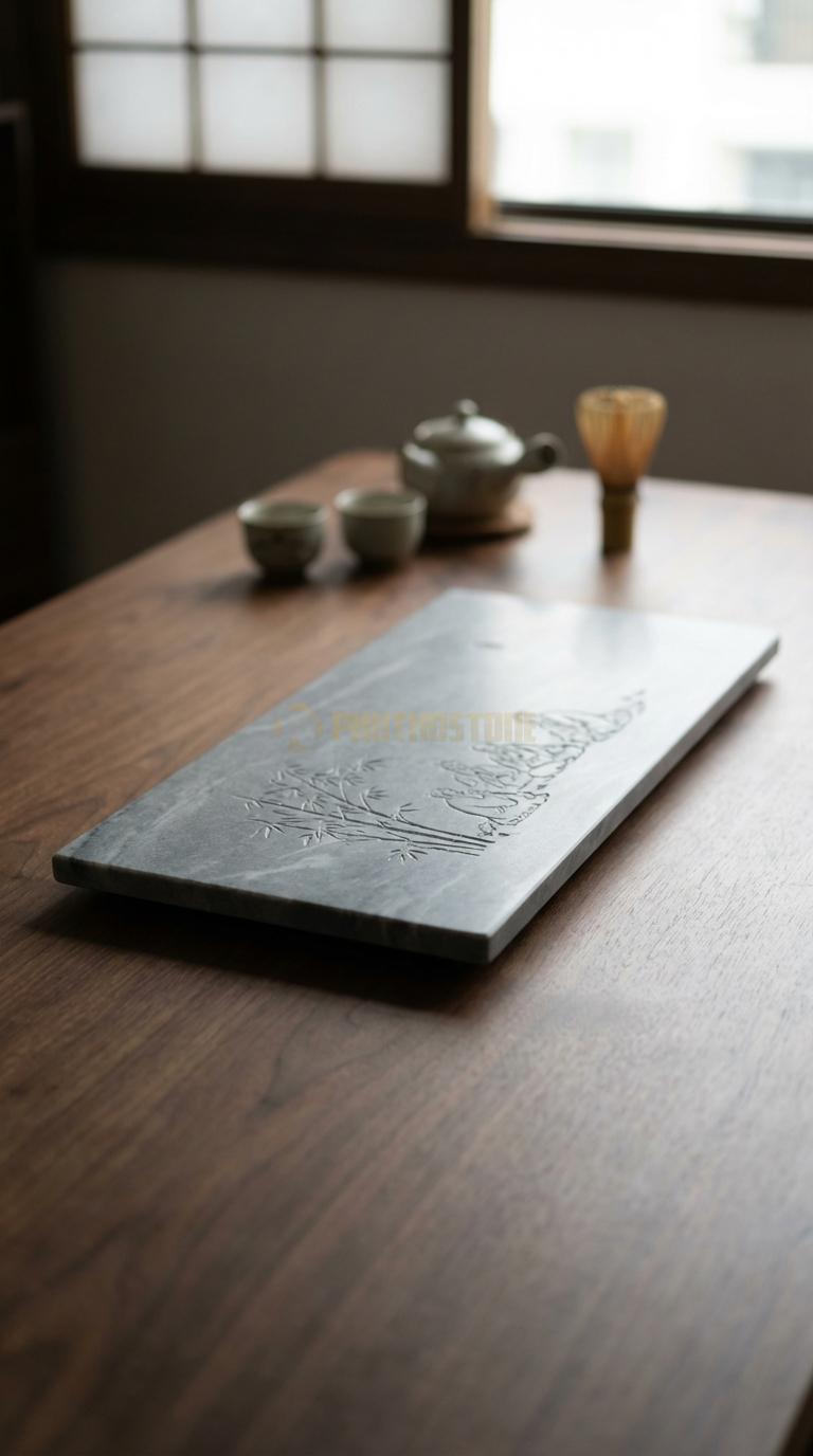 Khay Trà Đá Cẩm Thạch Xám Họa Tiết “Trúc Lâm Thất Hiền” (Rừng Trúc Và Các Bậc Hiền Nhân). Kích Thước 60 x 35 x 4 Cm.
